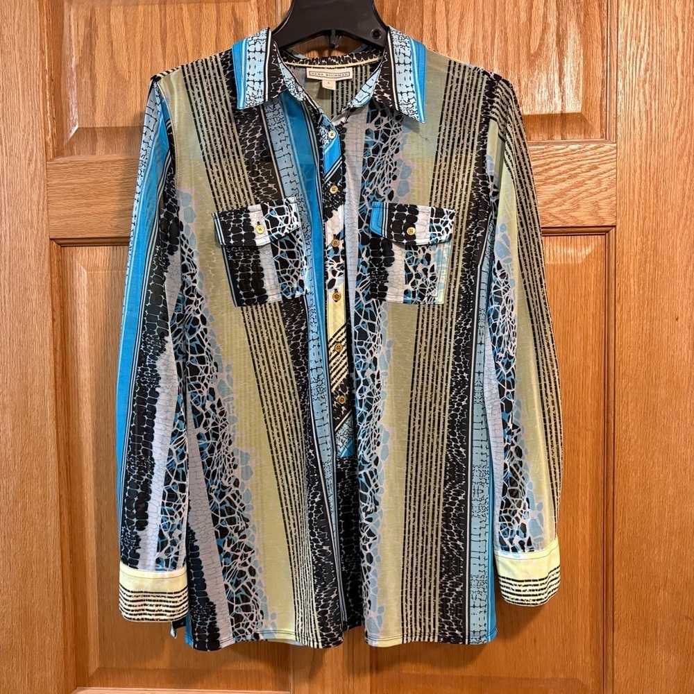 Dana Buchman Black Blue Multicolor Sheer Button Up Blouse Women’s Size L Large
